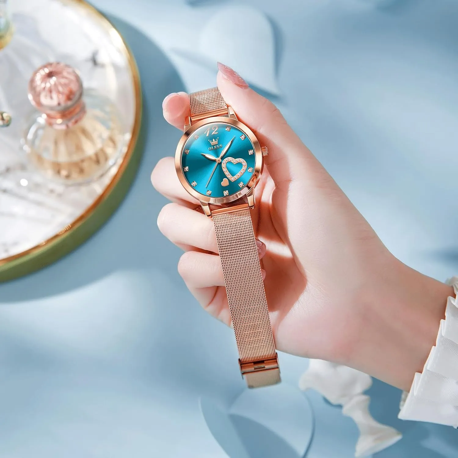 OLEVS Women's Small Wrist Rose Gold Tone Watch - Cute Diamond Heart Arabic Numerals Dial, Fashion Waterproof Mesh Bracelet Analog Dress for Ladies