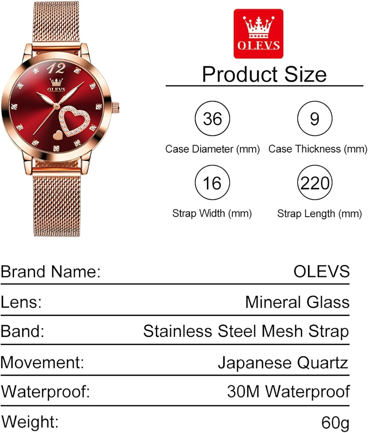 OLEVS Women's Small Wrist Rose Gold Tone Watch - Cute Diamond Heart Arabic Numerals Dial, Fashion Waterproof Mesh Bracelet Analog Dress for Ladies