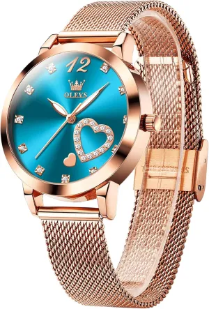 OLEVS Women's Small Wrist Rose Gold Tone Watch - Cute Diamond Heart Arabic Numerals Dial, Fashion Waterproof Mesh Bracelet Analog Dress for Ladies