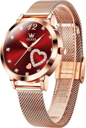 OLEVS Women's Small Wrist Rose Gold Tone Watch - Cute Diamond Heart Arabic Numerals Dial, Fashion Waterproof Mesh Bracelet Analog Dress for Ladies