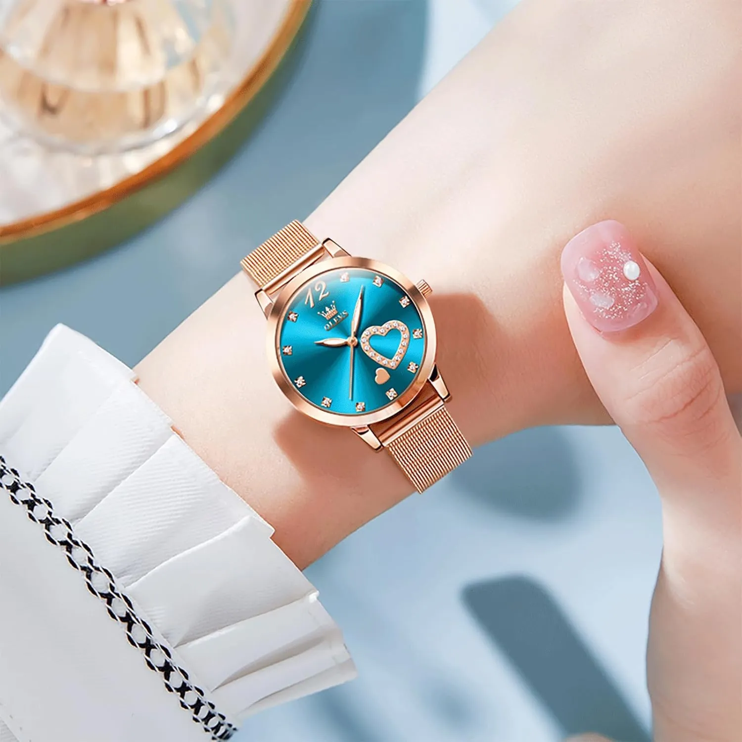 OLEVS Women's Small Wrist Rose Gold Tone Watch - Cute Diamond Heart Arabic Numerals Dial, Fashion Waterproof Mesh Bracelet Analog Dress for Ladies
