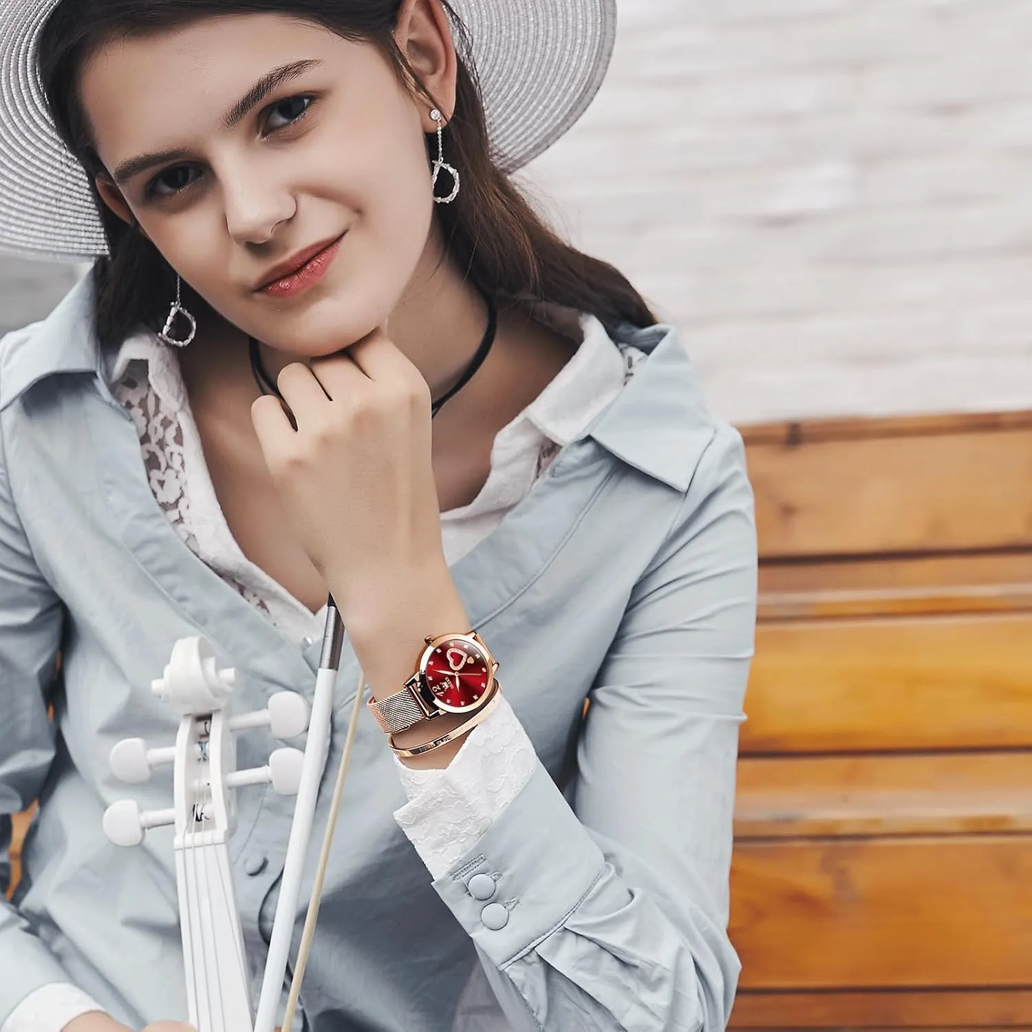 OLEVS Women's Small Wrist Rose Gold Tone Watch - Cute Diamond Heart Arabic Numerals Dial, Fashion Waterproof Mesh Bracelet Analog Dress for Ladies