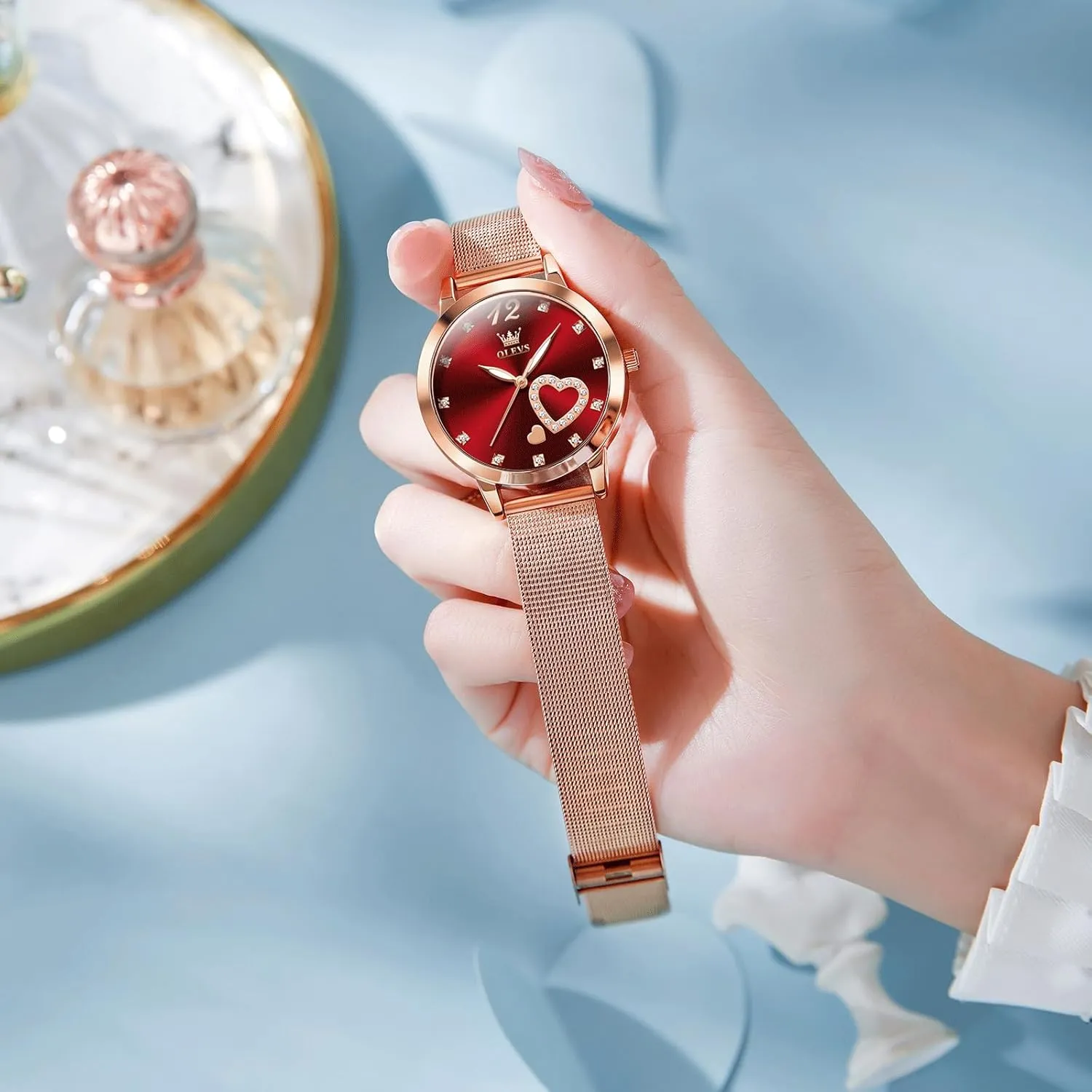 OLEVS Women's Small Wrist Rose Gold Tone Watch - Cute Diamond Heart Arabic Numerals Dial, Fashion Waterproof Mesh Bracelet Analog Dress for Ladies