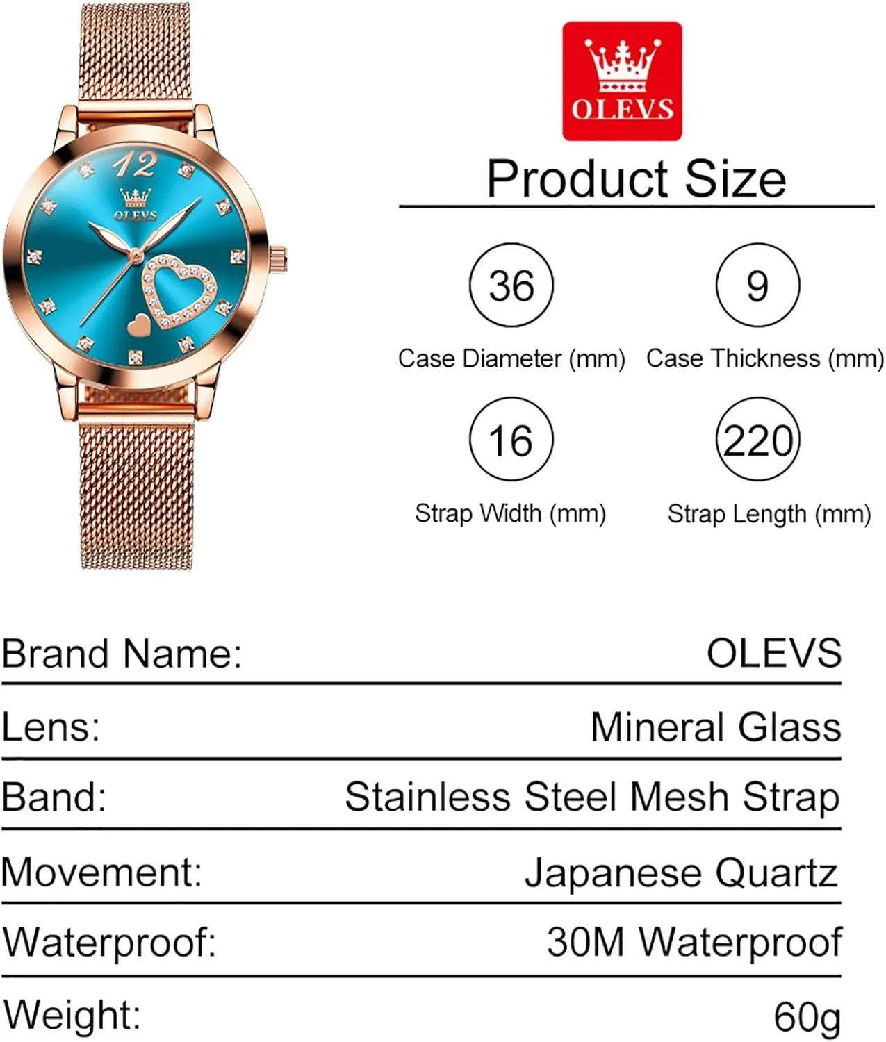 OLEVS Women's Small Wrist Rose Gold Tone Watch - Cute Diamond Heart Arabic Numerals Dial, Fashion Waterproof Mesh Bracelet Analog Dress for Ladies