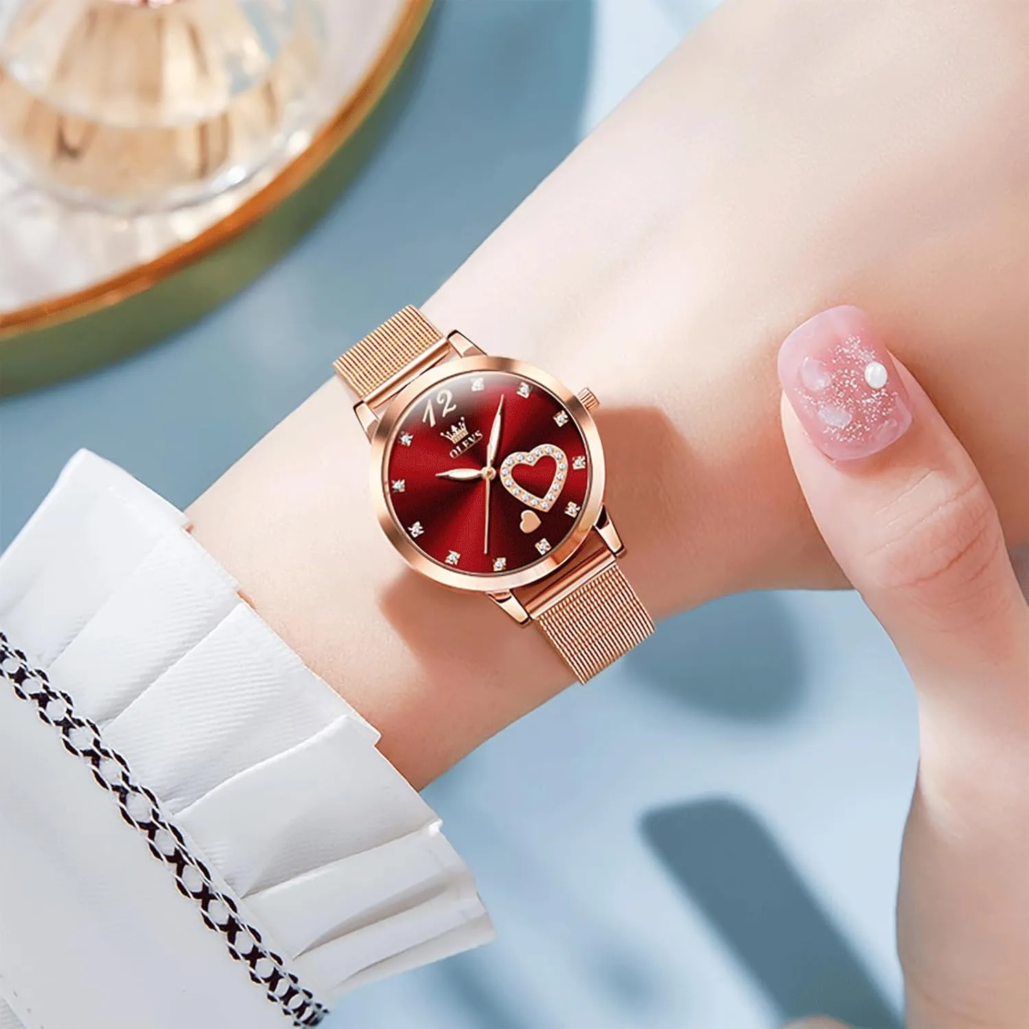 OLEVS Women's Small Wrist Rose Gold Tone Watch - Cute Diamond Heart Arabic Numerals Dial, Fashion Waterproof Mesh Bracelet Analog Dress for Ladies
