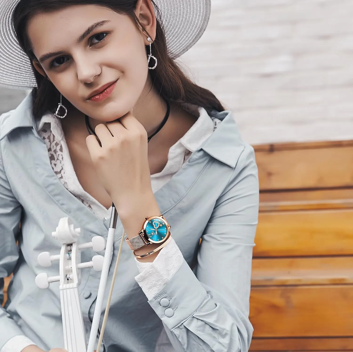 OLEVS Women's Small Wrist Rose Gold Tone Watch - Cute Diamond Heart Arabic Numerals Dial, Fashion Waterproof Mesh Bracelet Analog Dress for Ladies
