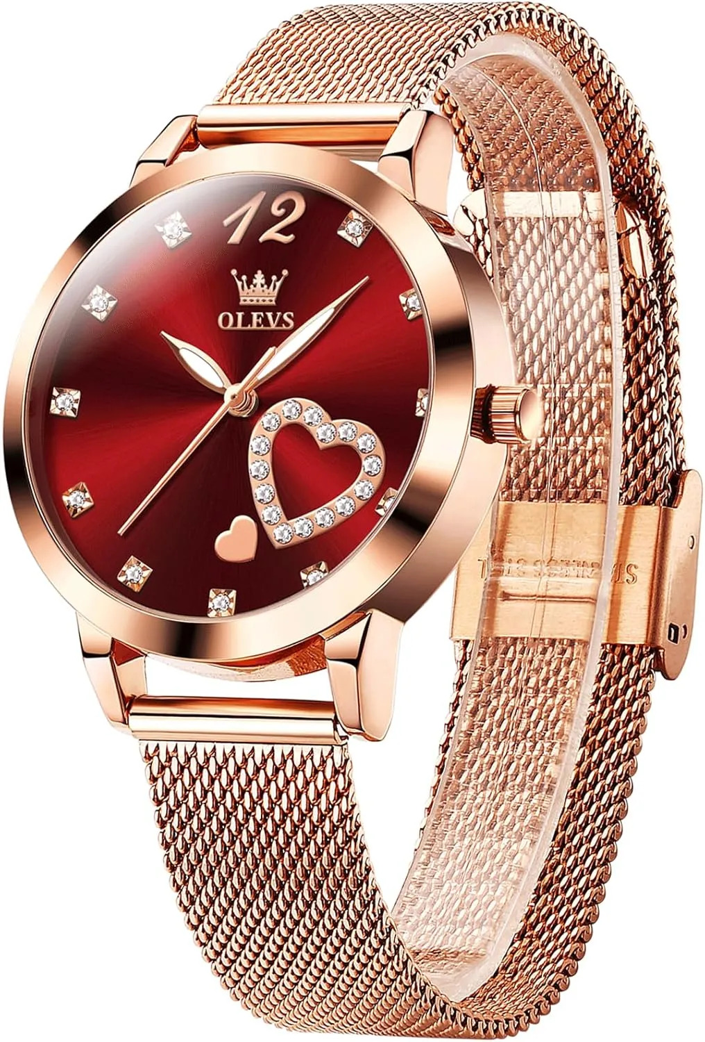 OLEVS Women's Small Wrist Rose Gold Tone Watch - Cute Diamond Heart Arabic Numerals Dial, Fashion Waterproof Mesh Bracelet Analog Dress for Ladies