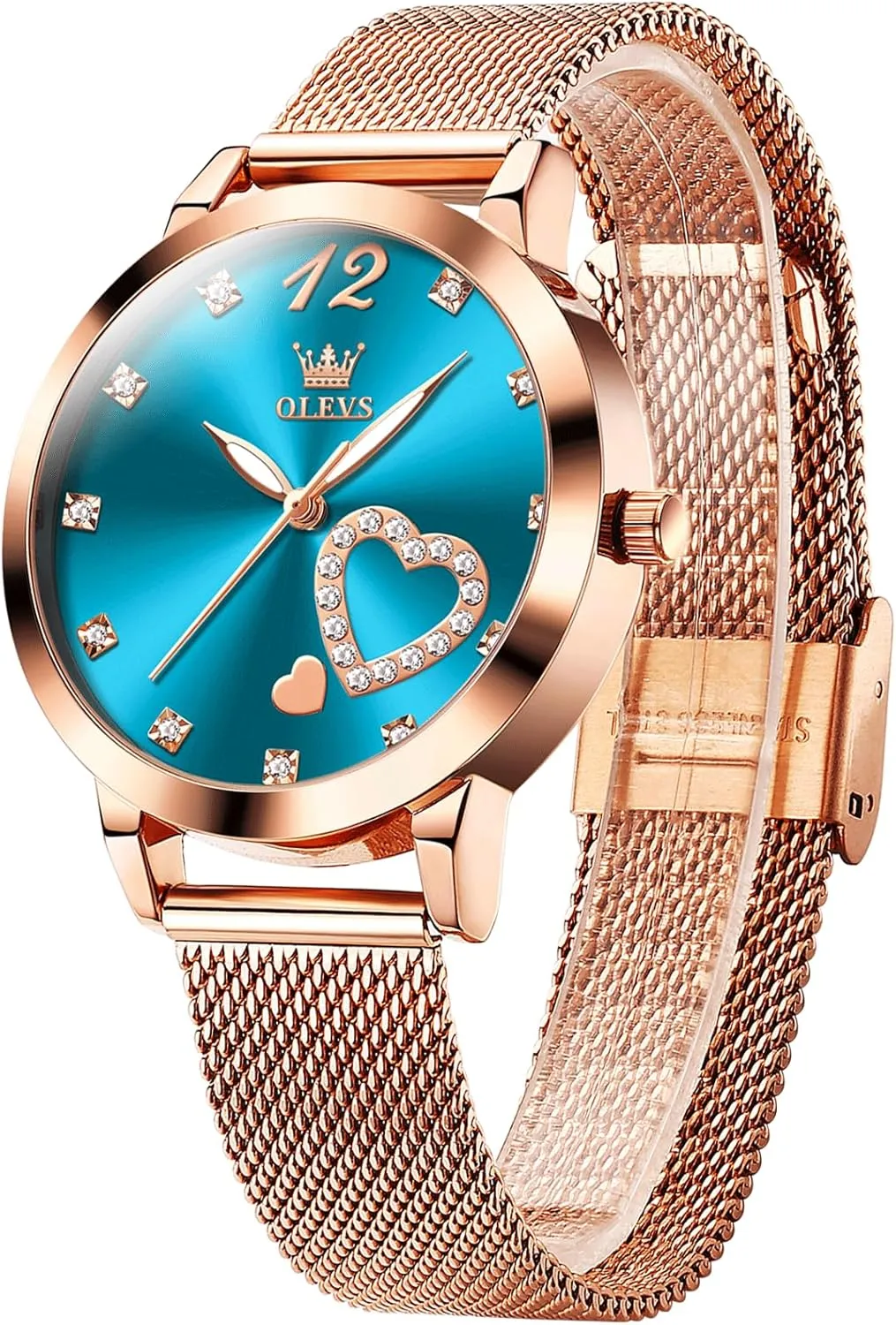 OLEVS Women's Small Wrist Rose Gold Tone Watch - Cute Diamond Heart Arabic Numerals Dial, Fashion Waterproof Mesh Bracelet Analog Dress for Ladies