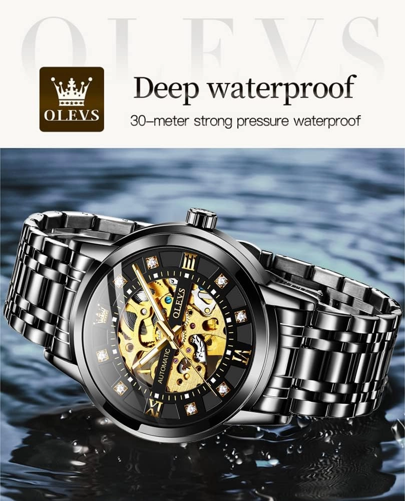 OLEVS Men’s Gold Skeleton Watch Automatic Mechanical self Winding Luxury Dress Stainless Steel Waterproof Luminous Wrist Watches