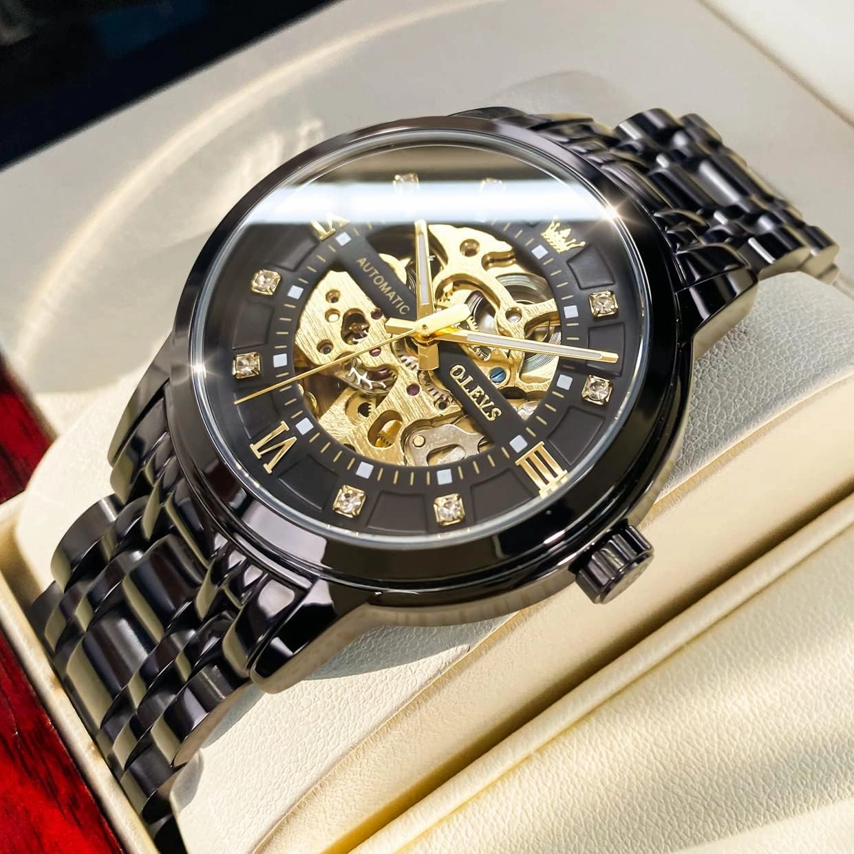OLEVS Men’s Gold Skeleton Watch Automatic Mechanical self Winding Luxury Dress Stainless Steel Waterproof Luminous Wrist Watches