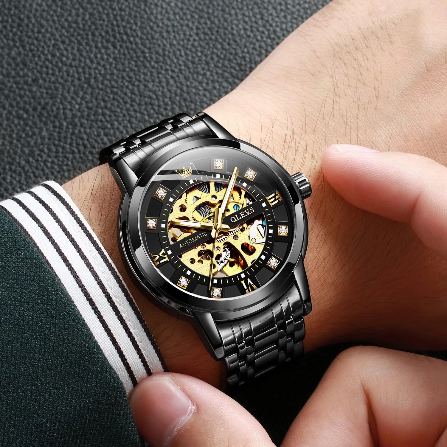 OLEVS Men’s Gold Skeleton Watch Automatic Mechanical self Winding Luxury Dress Stainless Steel Waterproof Luminous Wrist Watches