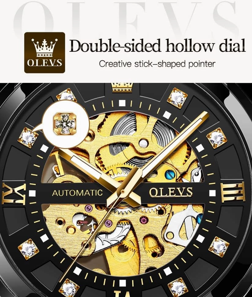 OLEVS Men’s Gold Skeleton Watch Automatic Mechanical self Winding Luxury Dress Stainless Steel Waterproof Luminous Wrist Watches