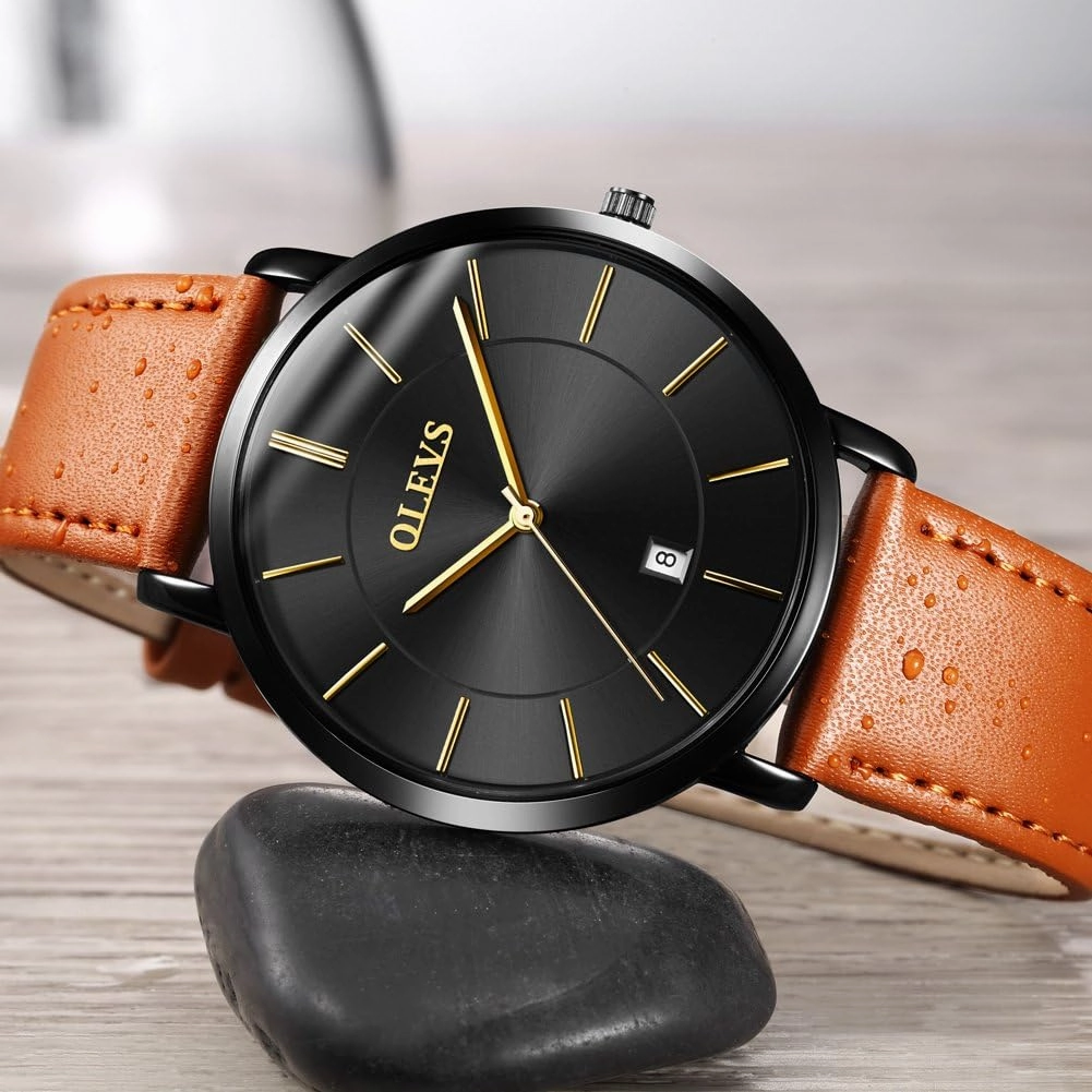 OLEVS Mens Watches Minimalist Ultra Thin Fashion Casual Analog Quartz Date Watch Waterproof Slim Simple Big Face Dress Wrist Watch with Retro Leather Band for Men