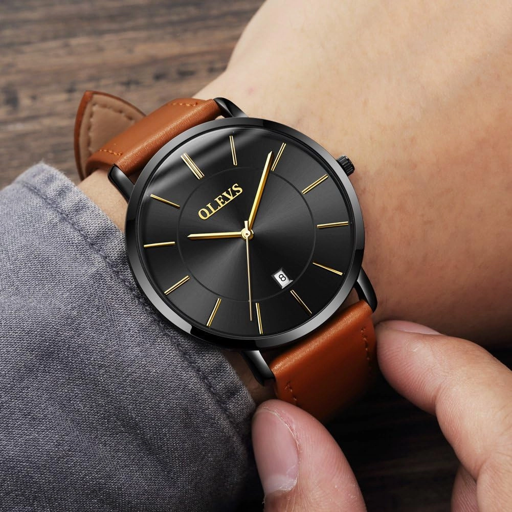 OLEVS Mens Watches Minimalist Ultra Thin Fashion Casual Analog Quartz Date Watch Waterproof Slim Simple Big Face Dress Wrist Watch with Retro Leather Band for Men