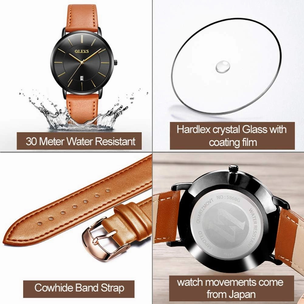 OLEVS Mens Watches Minimalist Ultra Thin Fashion Casual Analog Quartz Date Watch Waterproof Slim Simple Big Face Dress Wrist Watch with Retro Leather Band for Men