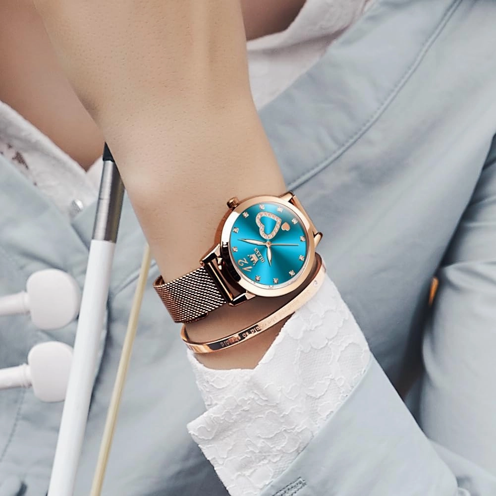 OLEVS Women's Rose Gold Watches Heart Diamond Japanese Quartz Movement Ladies Wristwatch Big Face Waterproof Mesh Belt Watch and Bracelet Set