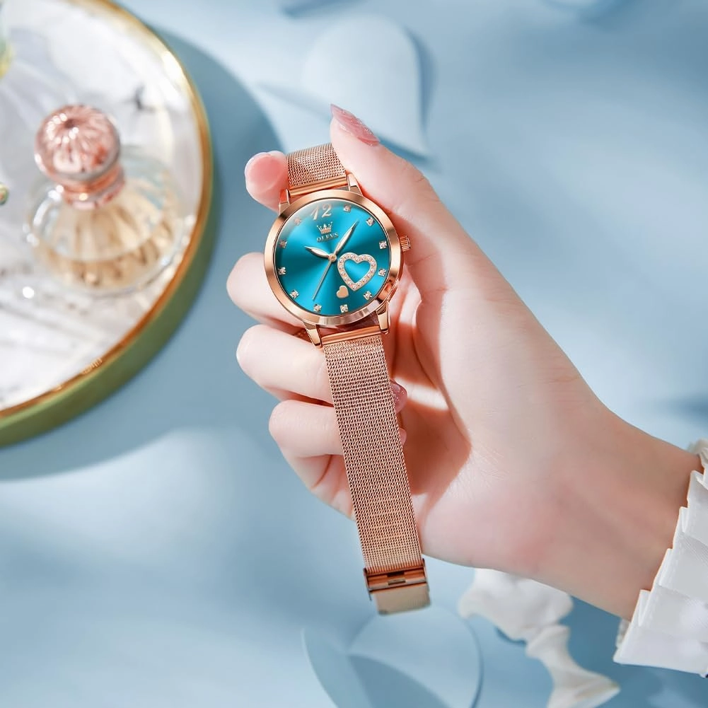 OLEVS Women's Rose Gold Watches Heart Diamond Japanese Quartz Movement Ladies Wristwatch Big Face Waterproof Mesh Belt Watch and Bracelet Set