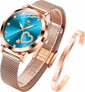 OLEVS Women's Rose Gold Watches Heart Diamond Japanese Quartz Movement Ladies Wristwatch Big Face Waterproof Mesh Belt Watch and Bracelet Set