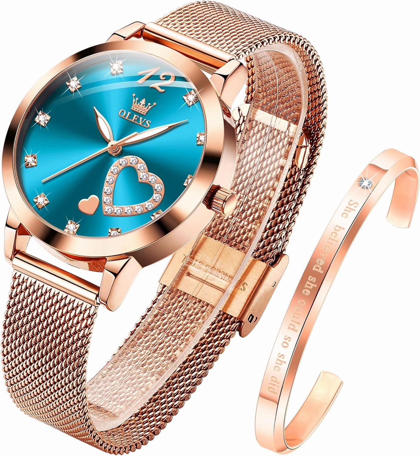 OLEVS Women's Rose Gold Watches Heart Diamond Japanese Quartz Movement Ladies Wristwatch Big Face Waterproof Mesh Belt Watch and Bracelet Set