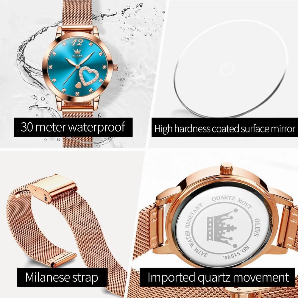 OLEVS Women's Rose Gold Watches Heart Diamond Japanese Quartz Movement Ladies Wristwatch Big Face Waterproof Mesh Belt Watch and Bracelet Set
