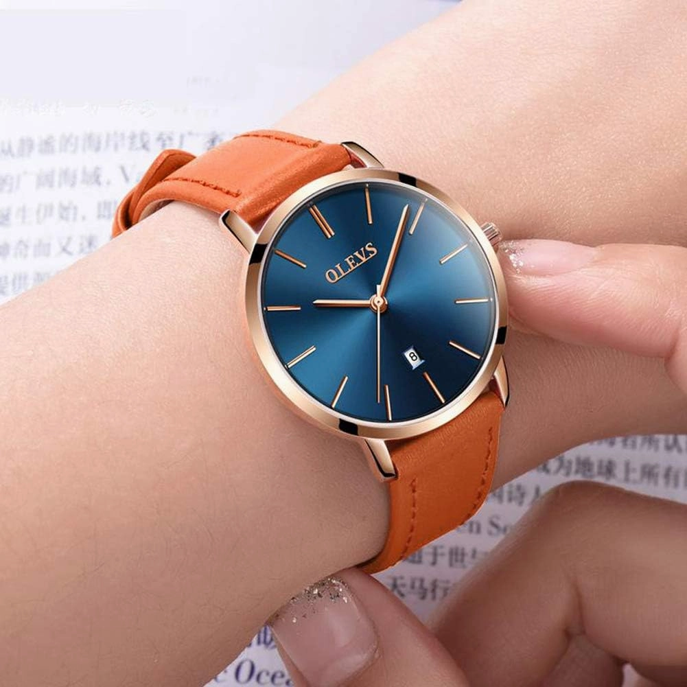 OLEVS Women's Watches for Ladies Female Wrist Watch Leather Band Waterproof Thin Minimalist Casual Simple Dress Quartz Analog with Date Calendar