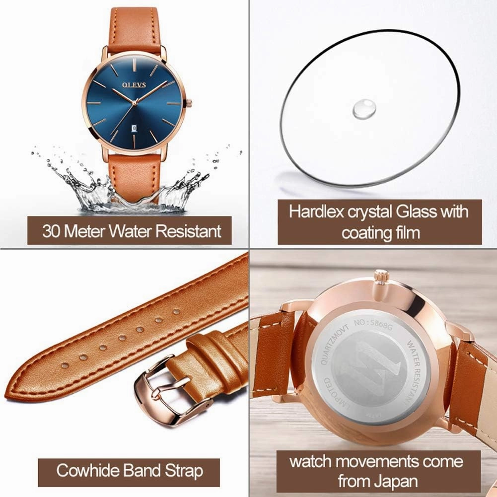 OLEVS Women's Watches for Ladies Female Wrist Watch Leather Band Waterproof Thin Minimalist Casual Simple Dress Quartz Analog with Date Calendar
