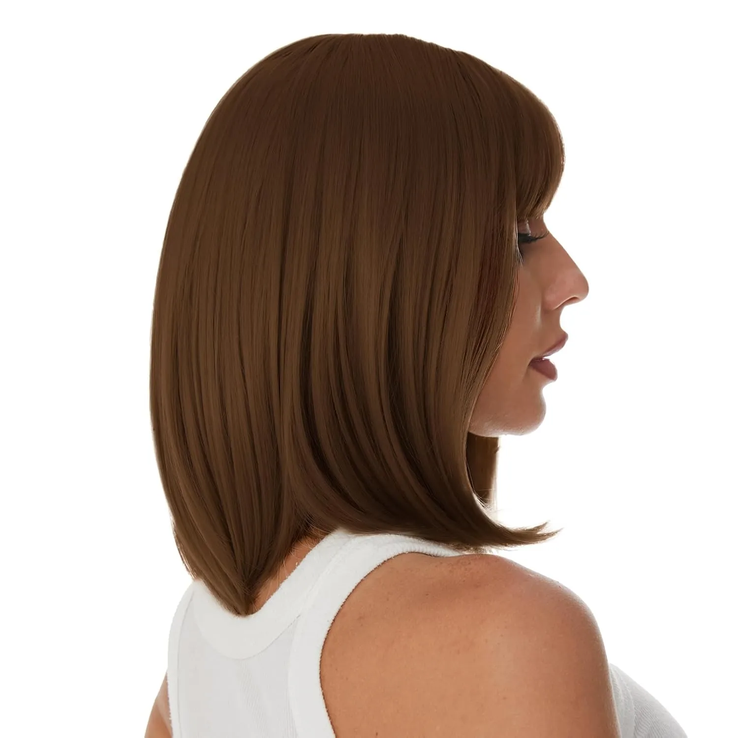 Onpep Short Straight Bob Wigs with Air Bangs Honey Brown Wig for Women Shoulder Length Heat Resistant Fiber Hair Wigs