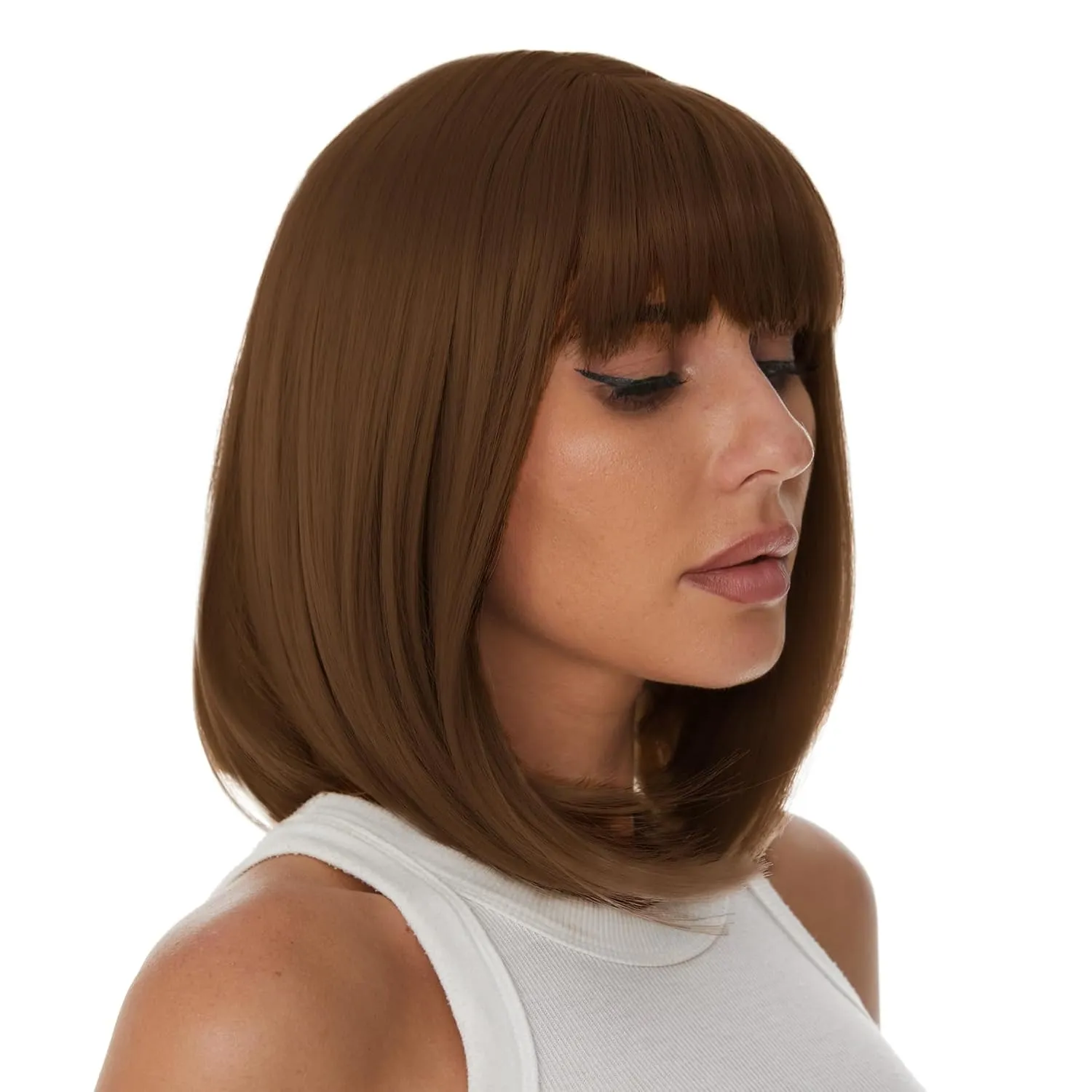 Onpep Short Straight Bob Wigs with Air Bangs Honey Brown Wig for Women Shoulder Length Heat Resistant Fiber Hair Wigs