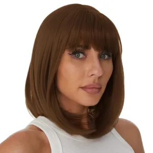Onpep Short Straight Bob Wigs with Air Bangs Honey Brown Wig for Women Shoulder Length Heat Resistant Fiber Hair Wigs