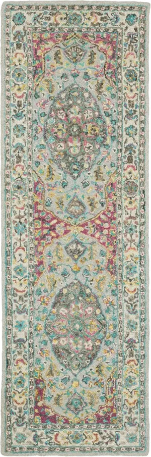 Oriental Weavers Zahra Hand-Made Wool Area Rug - 75504-2'6" x 8' - in Grey/Pink - Vintage Bohemian Style, Hand-Made Wool Rugs, Entryway, Hallway Runner Rug