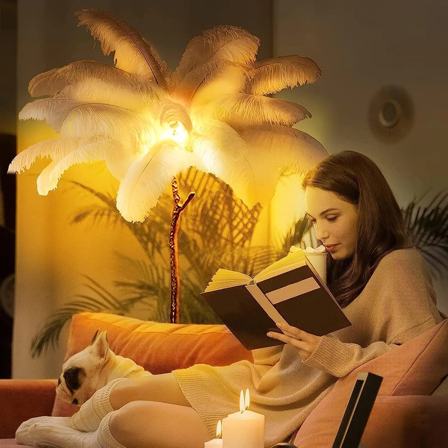 Ostrich Feather lamp,Resin Feather lamp with Natural Ostrich Feathers (Contains Light Sources) Have Footswitch Dimmable Floor Lamp (90x170cm(35×67inch),Champagne)