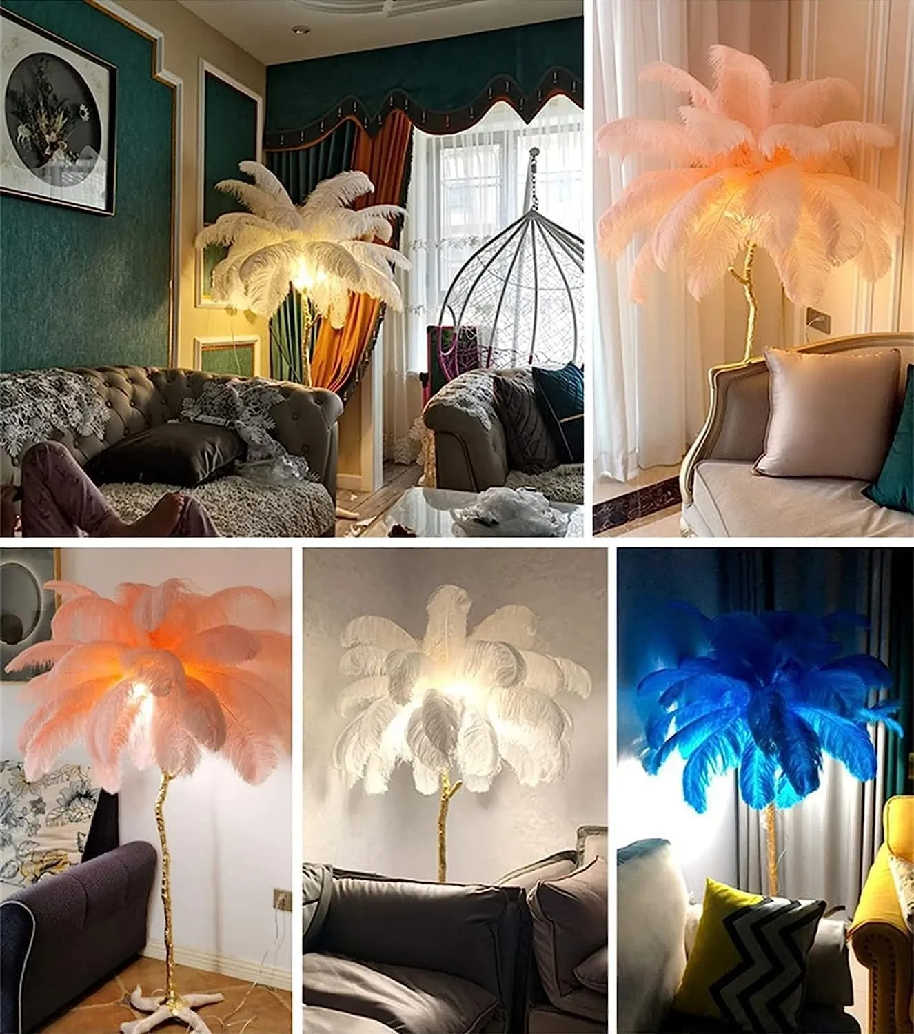 Ostrich Feather lamp,Resin Feather lamp with Natural Ostrich Feathers (Contains Light Sources) Have Footswitch Dimmable Floor Lamp (90x170cm(35×67inch),Champagne)