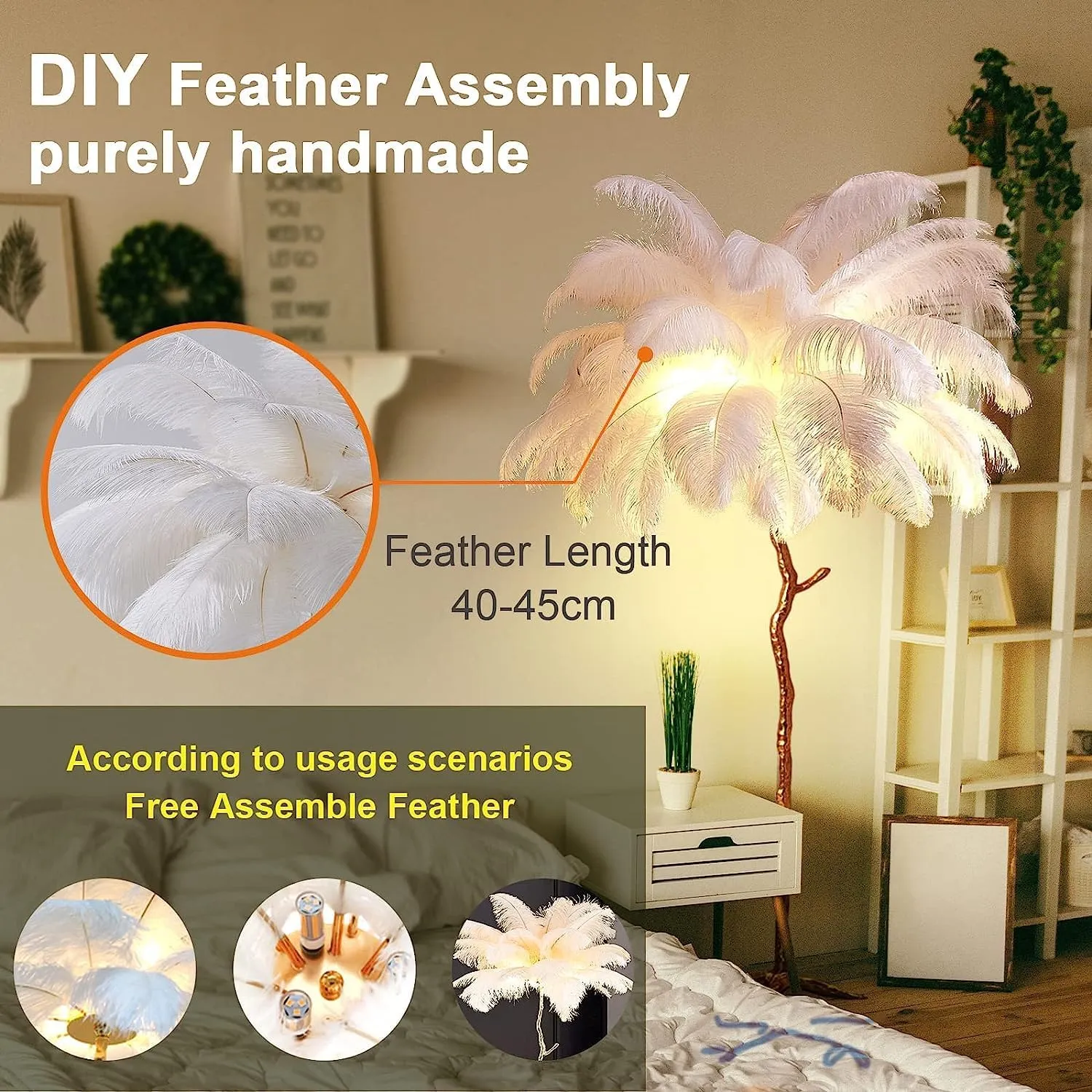 Ostrich Feather lamp,Resin Feather lamp with Natural Ostrich Feathers (Contains Light Sources) Have Footswitch Dimmable Floor Lamp (90x170cm(35×67inch),Champagne)