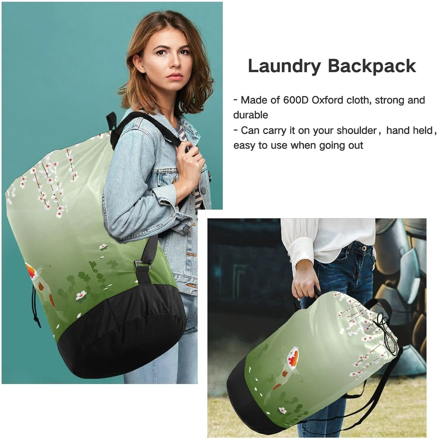 Oyihfvs Carp in Spring Pond Cherry Blossom Japanese Fish Green Backpack Laundry Bag, Laundry Backpack with Shoulder Straps, Waterproof Nylon Clothes Hamper Bag for Men Women Yoga Backpack