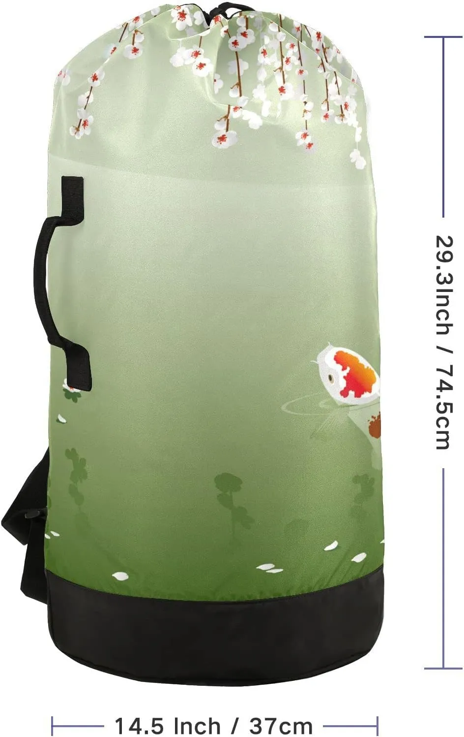 Oyihfvs Carp in Spring Pond Cherry Blossom Japanese Fish Green Backpack Laundry Bag, Laundry Backpack with Shoulder Straps, Waterproof Nylon Clothes Hamper Bag for Men Women Yoga Backpack