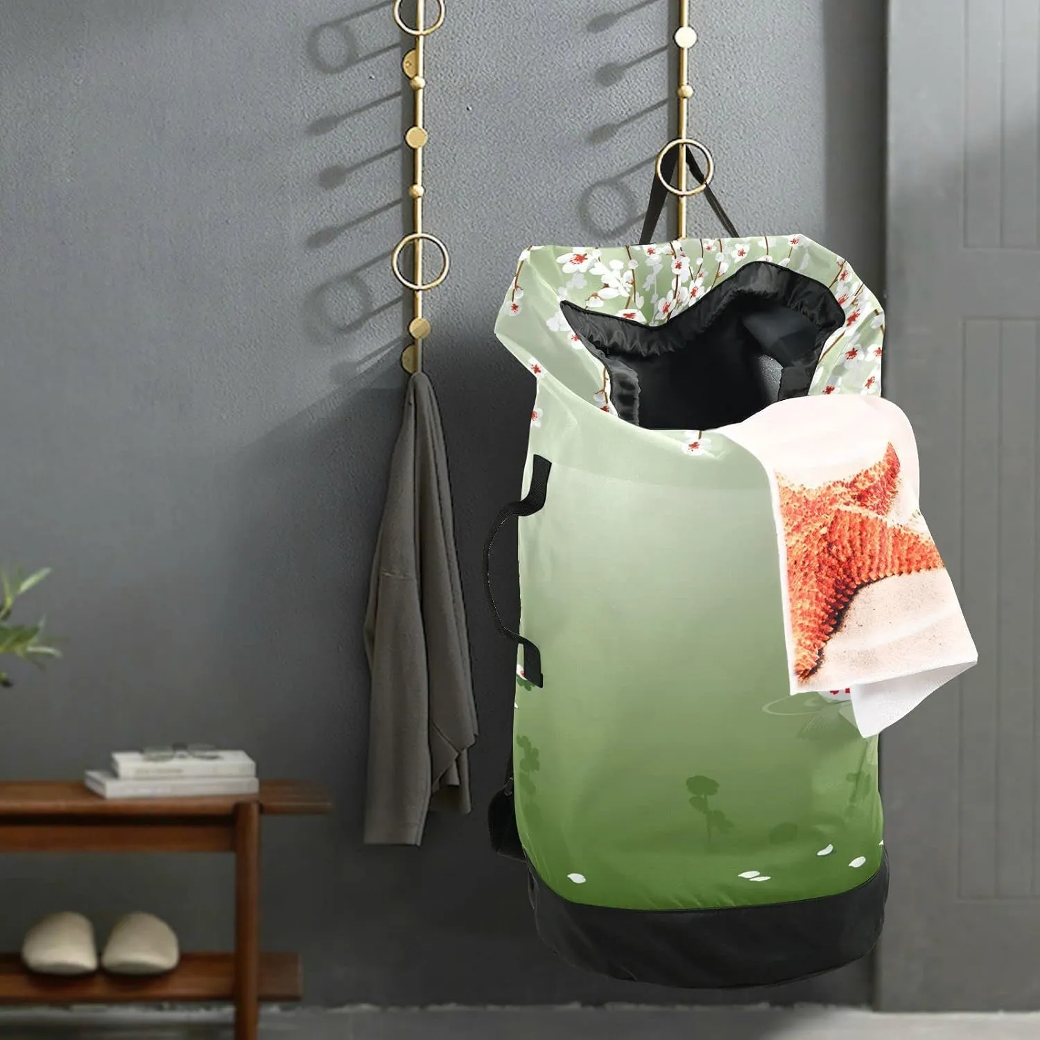 Oyihfvs Carp in Spring Pond Cherry Blossom Japanese Fish Green Backpack Laundry Bag, Laundry Backpack with Shoulder Straps, Waterproof Nylon Clothes Hamper Bag for Men Women Yoga Backpack