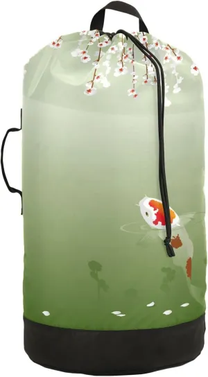 Oyihfvs Carp in Spring Pond Cherry Blossom Japanese Fish Green Backpack Laundry Bag, Laundry Backpack with Shoulder Straps, Waterproof Nylon Clothes Hamper Bag for Men Women Yoga Backpack