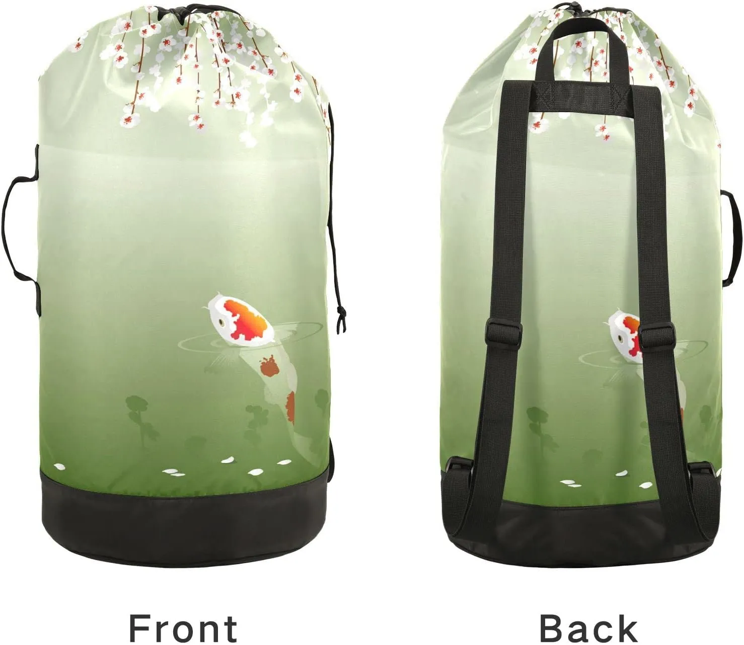 Oyihfvs Carp in Spring Pond Cherry Blossom Japanese Fish Green Backpack Laundry Bag, Laundry Backpack with Shoulder Straps, Waterproof Nylon Clothes Hamper Bag for Men Women Yoga Backpack