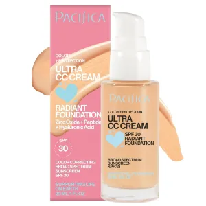 Pacifica Ultra CC Cream Radiant Foundation SPF 17 (Natural Medium) – Medium-Coverage Tinted Moisturizer   Mineral Sunscreen, Dewy Finish, 1 fl oz