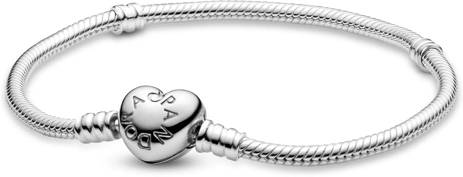 Pandora Moments Heart Clasp Snake Chain Bracelet - Compatible Moments Charms - Gift for Her - Sterling Silver - With Gift Box