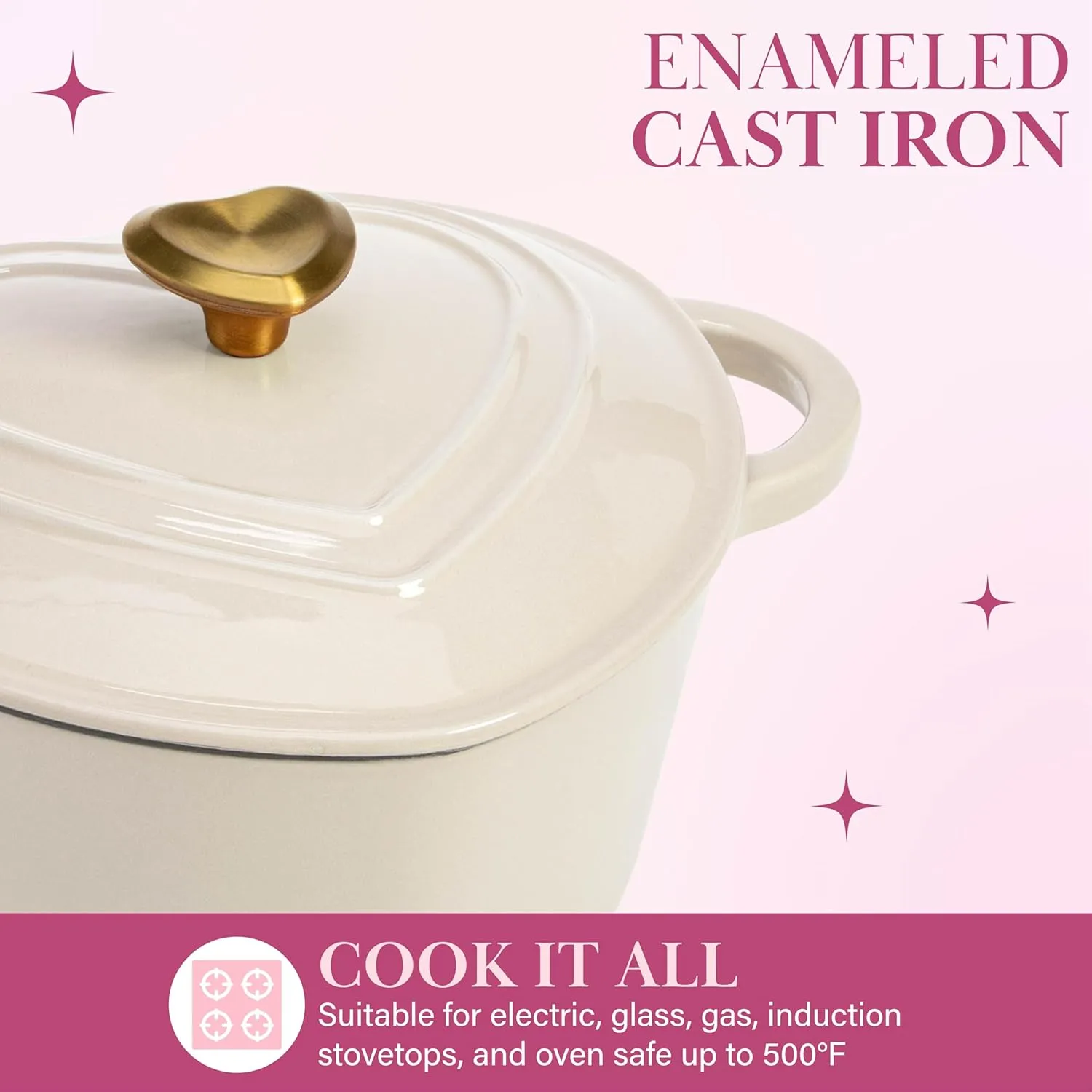 Paris Hilton Enameled Cast Iron Dutch Oven Heart-Shaped Pot with Lid, Dual Handles, Works on All Stovetops, Oven Safe to 500°F, 2-Quart, Cream