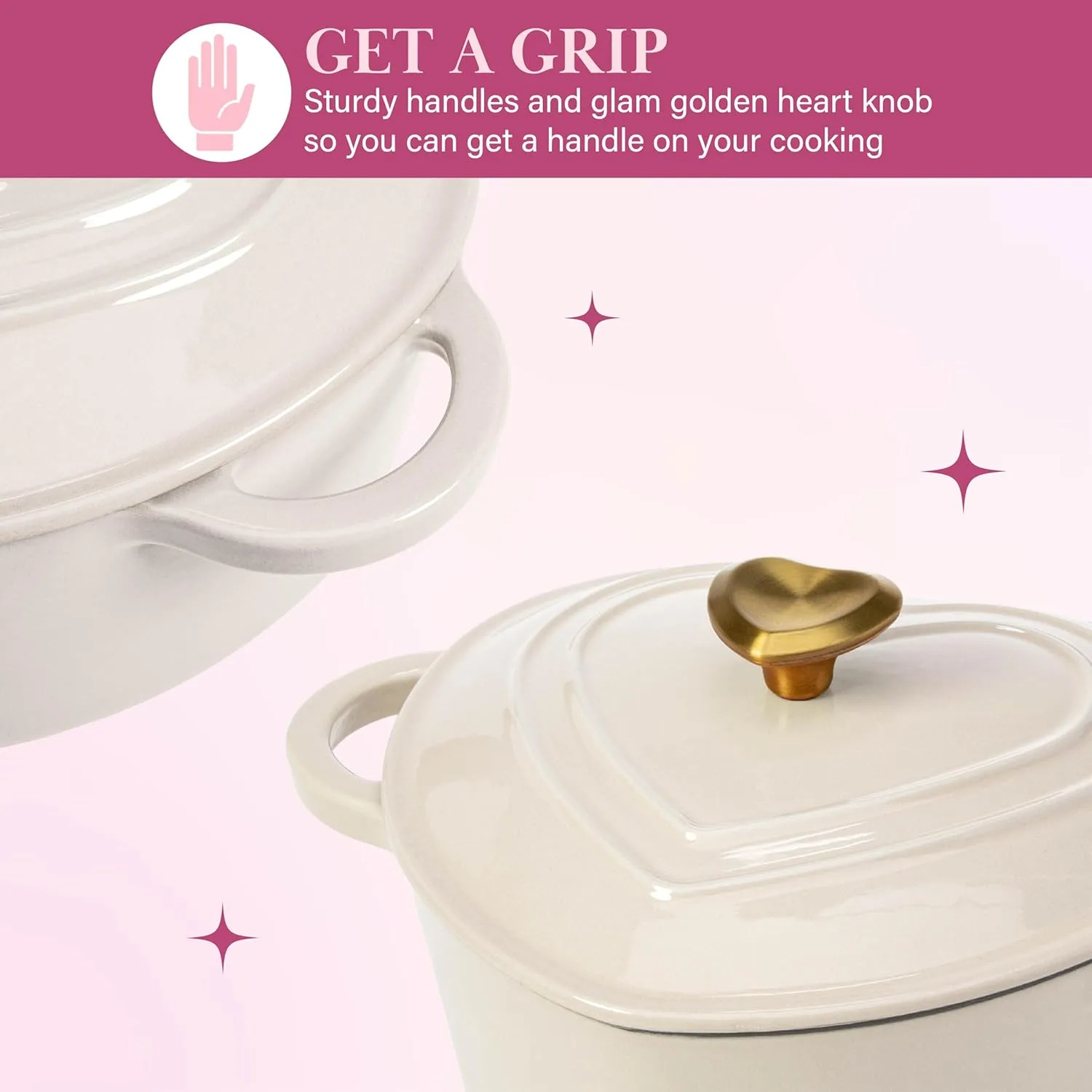 Paris Hilton Enameled Cast Iron Dutch Oven Heart-Shaped Pot with Lid, Dual Handles, Works on All Stovetops, Oven Safe to 500°F, 2-Quart, Cream