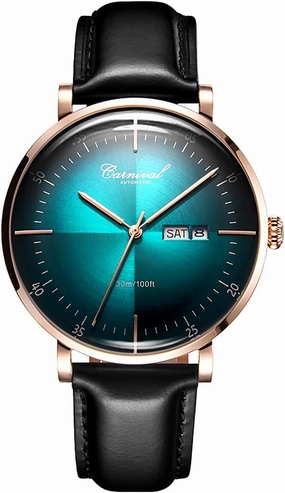 PASOY Luxury Men's Automatic Watch Sapphire Crystal Rose Gold Case Black Leather Strap Analog Watches
