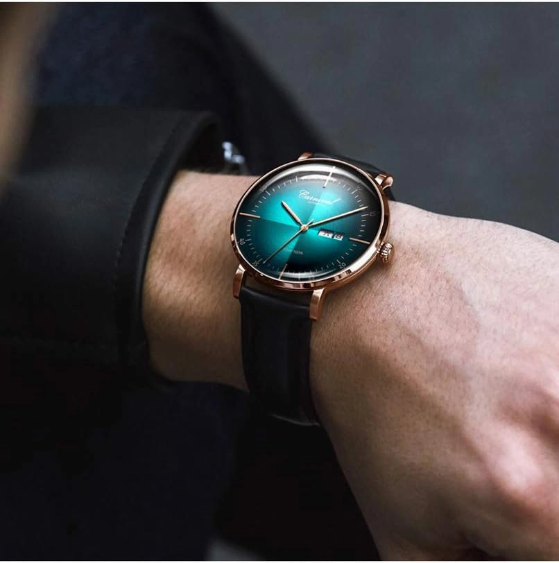PASOY Luxury Men's Automatic Watch Tourbillon Sapphire Crystal Black Leather Watch Dress Mechanical Rose Gold Gradient Color Dial Watches reloj de pulsera