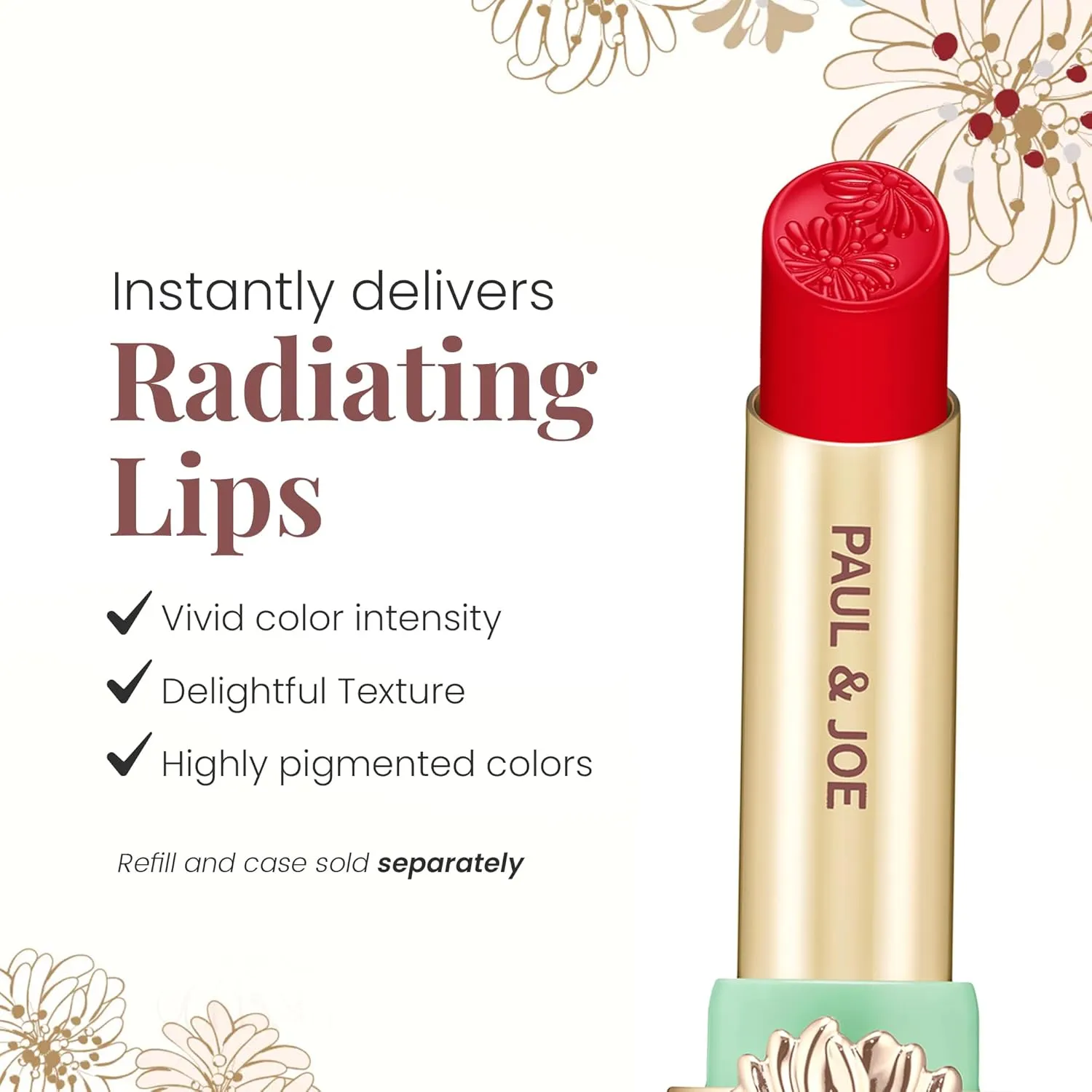 Paul & Joe Moisturizing Lipstick Refill Only, Case Sold Separately, Long Lasting Lipstick for Highly-Pigmented Lip Color, 07 Arrosoir Rouge - Vivid Reddish-Orange Lip Stick, 0.10 oz