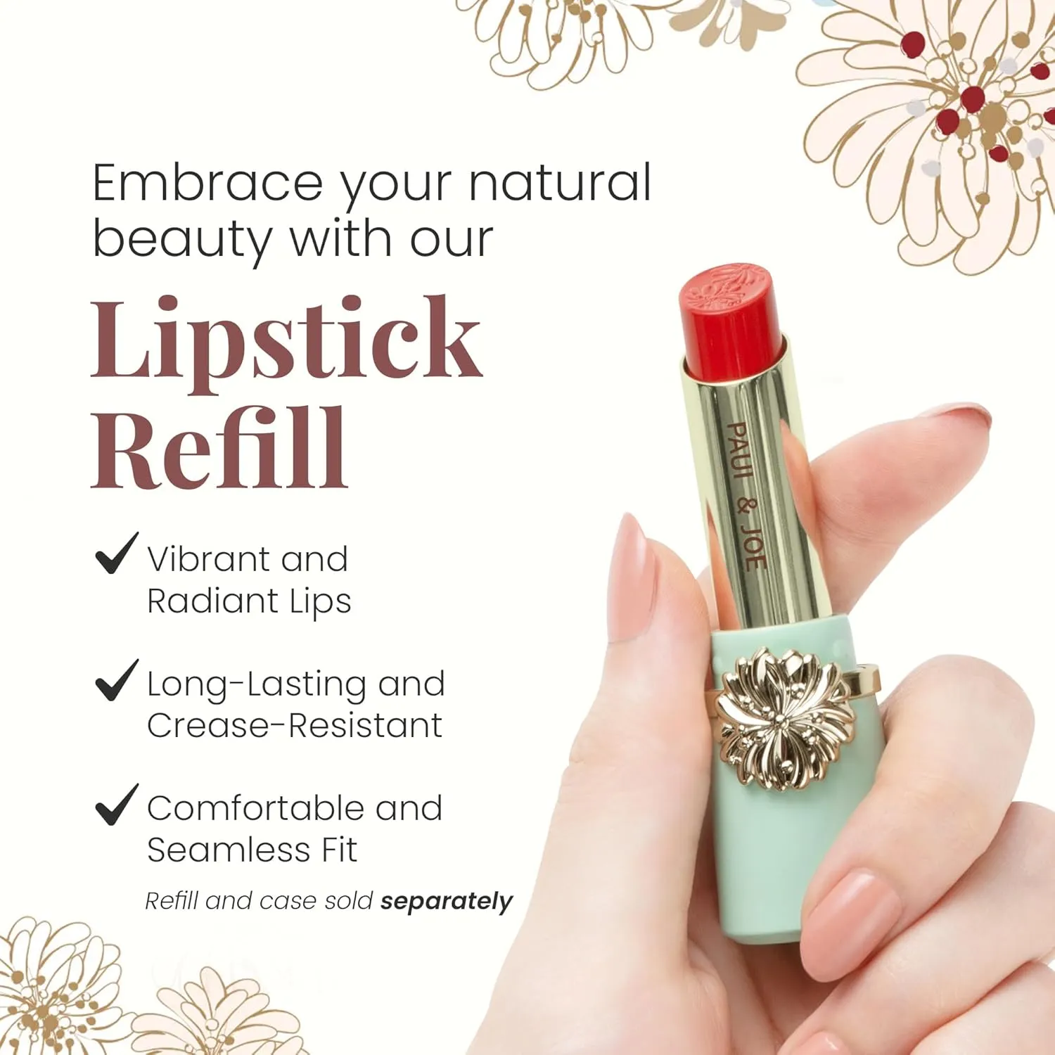Paul & Joe Moisturizing Lipstick Refill Only, Case Sold Separately, Long Lasting Lipstick for Highly-Pigmented Lip Color, 07 Arrosoir Rouge - Vivid Reddish-Orange Lip Stick, 0.10 oz
