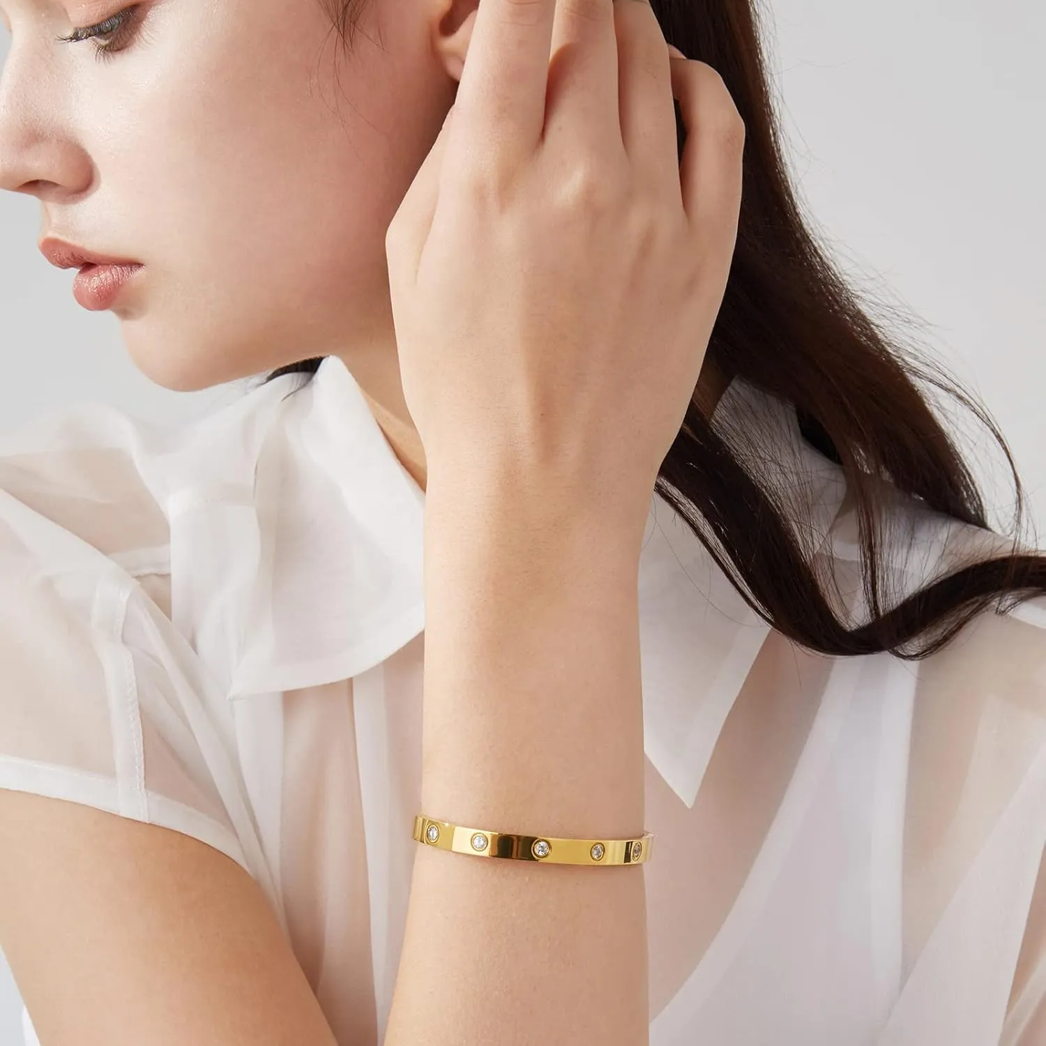 PDWZNBA 18K Gold Plated Love Friendship Bracelets with CZ Stones Trendy Stainless Steel Bangle Jewelry