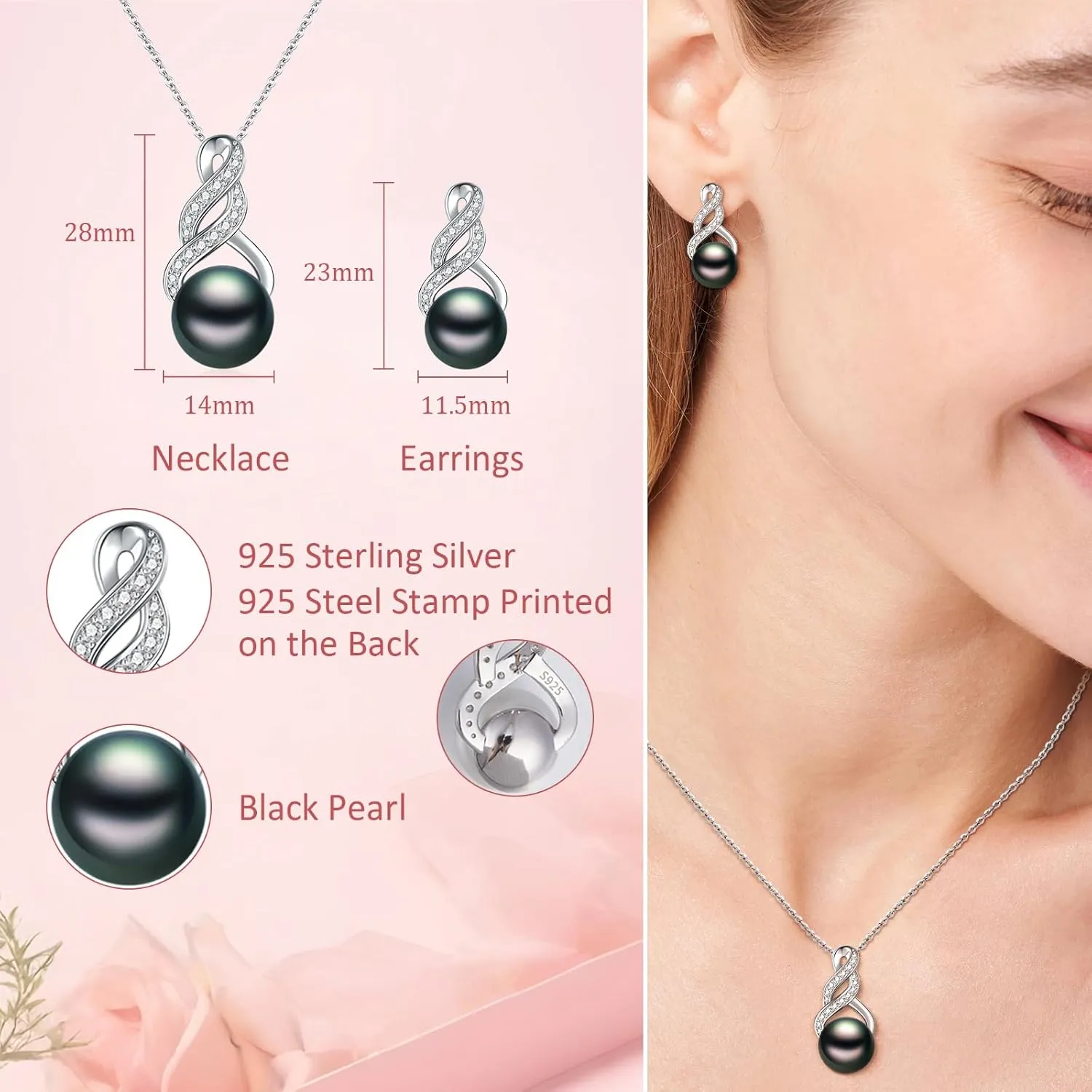 Pearl Necklace and Earring Set for Women - 925 Sterling Silver Pearl Jewelry Set Rhodium/Gold Plated Anniversary Birthday Gifts for Her Packaged in Preserved Rose Box