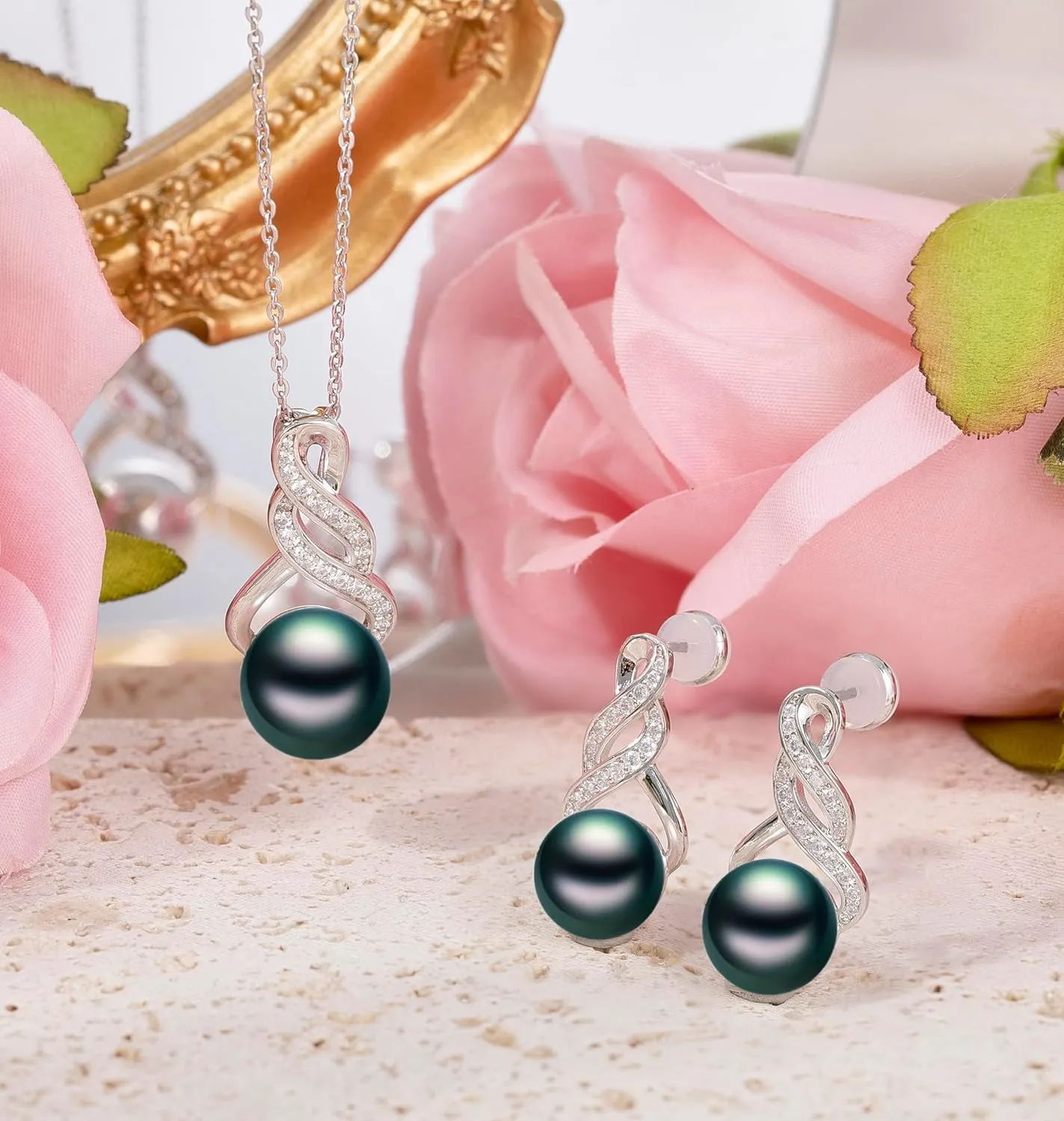 Pearl Necklace and Earring Set for Women - 925 Sterling Silver Pearl Jewelry Set Rhodium/Gold Plated Anniversary Birthday Gifts for Her Packaged in Preserved Rose Box