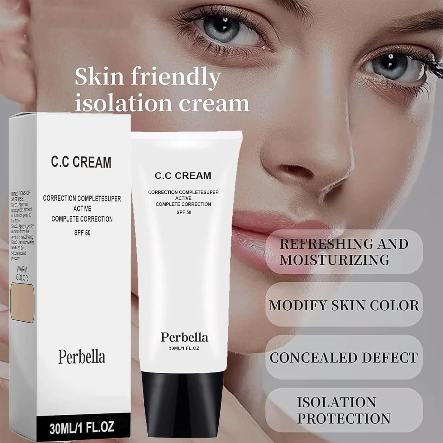 Perbella Cc Cream Self Adjusting for Mature and Older Women,Cc Cream with Spf 50,Waterproof, Moisturizing and Breathable (2PCS)